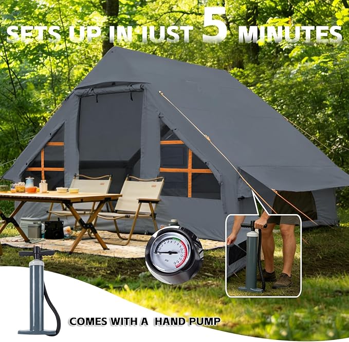 Inflatable Tents with Hand Pump Hot Tent with Stove Jack Easy Blow Up Glamping Tent with Mesh Windows 4-6 Person Instant Family Camping Tents Waterproof for 4 Seasons