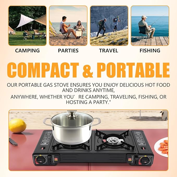 Portable Camping Stove｜24000 BTU Dual Burner Gas Grill w/Removable Case｜Compact 24.8 Outdoor Cooker for RV Tailgating｜Stainless Steel 2-Burner Propane Stove