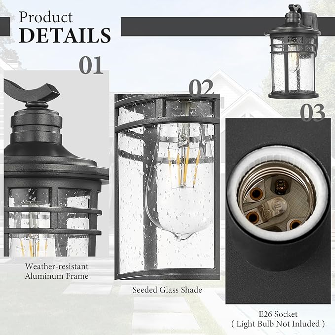 Darkaway Large Outdoor Porch Lights Wall Mount 15inch Outdoor Light Fixtures Sconces Wall Lighting with Seeded Glass Exterior Lights for Patio Yard House Hallway Doorway Garage(Large Black)