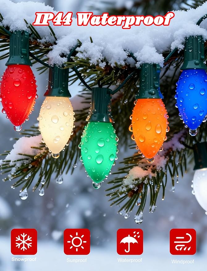 C9 LED Christmas Lights25FT Vintage C9 Multicolor Christmas Lights Outdoor with 26 Colorful Ceramic LED BulbsConnectable Waterproof Light for Outdoor Christmas Decorations Tree Garden Gar