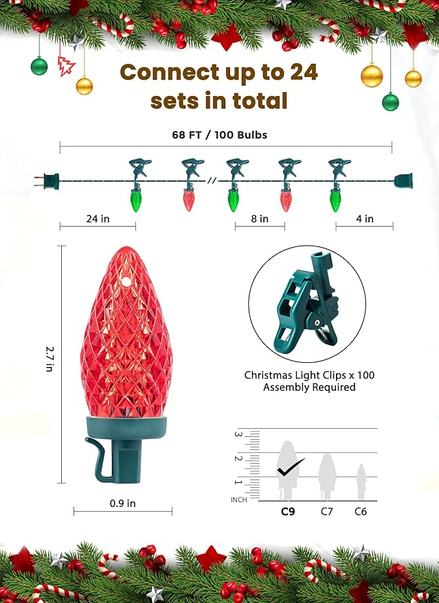 C9 LED Christmas Lights Outdoor 68 Feet 100 LED Strawberry String Lights With 100 Spring Clamps Waterproof Commercial Grade Extendable for Outside Roofline Patio Home Xmas Decoration Red &amp Gree