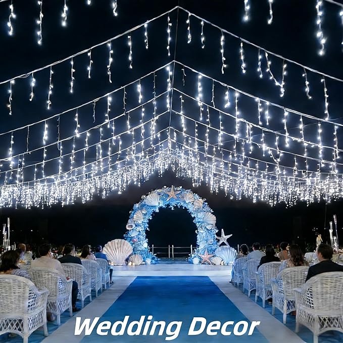 612 LED String lights Indoor Outdoor 60ft Christmas Window Lights with 136 Drops 12 Modes Dimmable Curtain Lights Fairy Lights for Bedroom Holiday Wedding Party Home Xmas Decorations Cool White