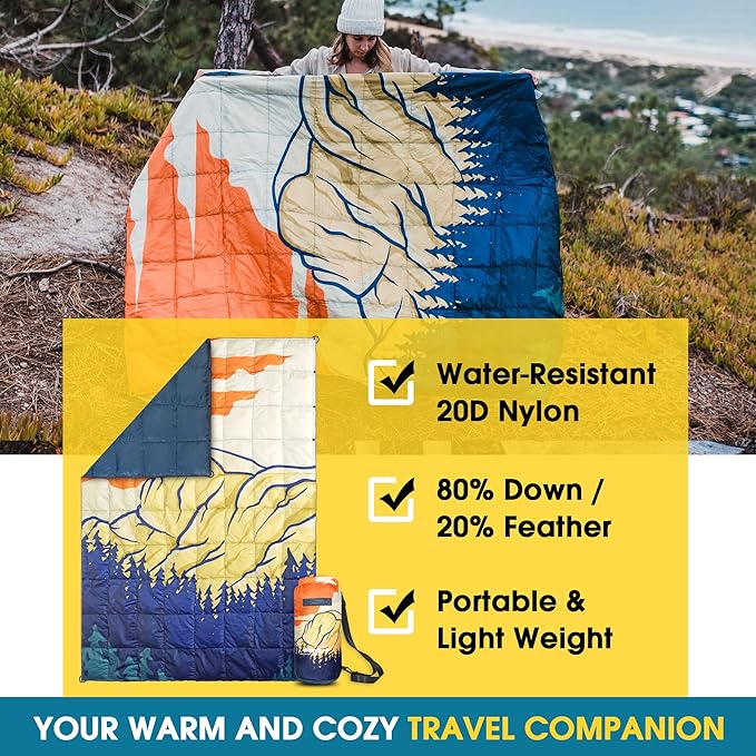 4Monster Down Camping Blanket - Outdoor Travel Quilt Puffy 650 Fill Packable LightweightWind &amp Waterproof | Ideal for Stadium BackpackingPicnics Beach and Hiking