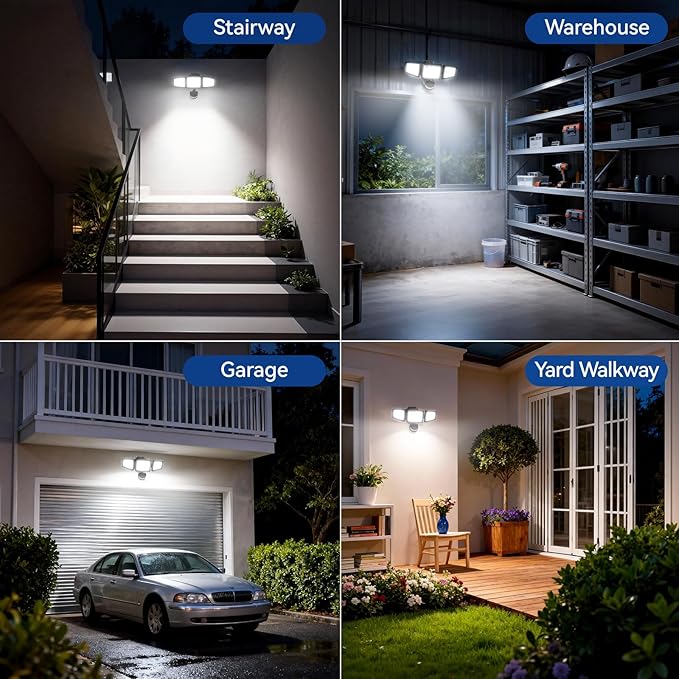 LED Security Lights Motion Sensor Light Outdoor 7000LM 6500K Waterproof Flood Light Outdoor Motion Detector with Adjustable 3 Head Hardwired Wall Light for Entryway Yard Garage