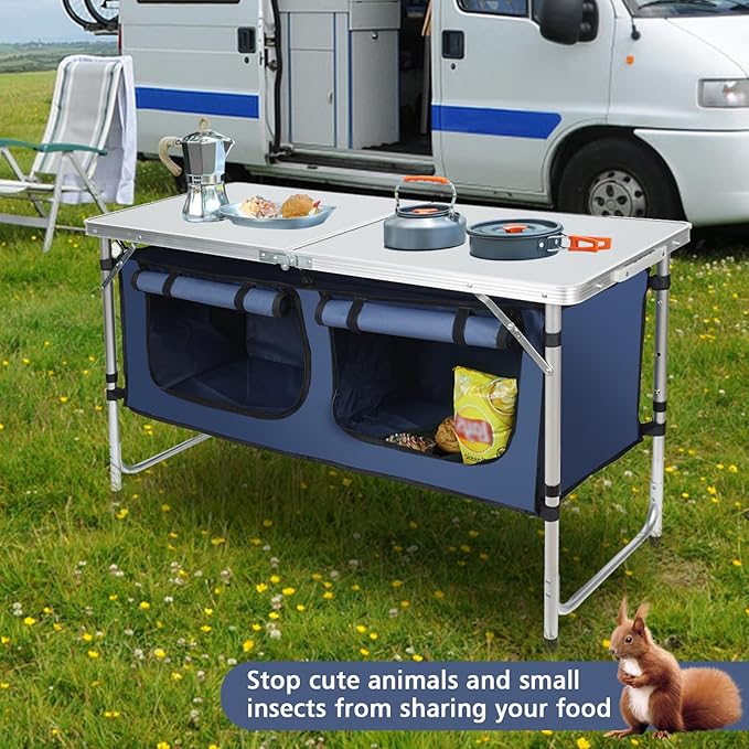 Camping Table Folding Camping Table with Storage Portable Lightweight 3 Height Adjustable Aluminum Outdoor Table for BBQ Picnic Camping Hiking Beach and Indoor Blue