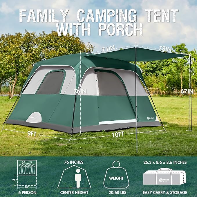 PORTAL 6 | 8 | 10 Person Family Camping Tent with Porch Big Family Camping Tent with Tall Height Good Ventilation Water Resitant Large Tent for Outdoor Camping Backyard
