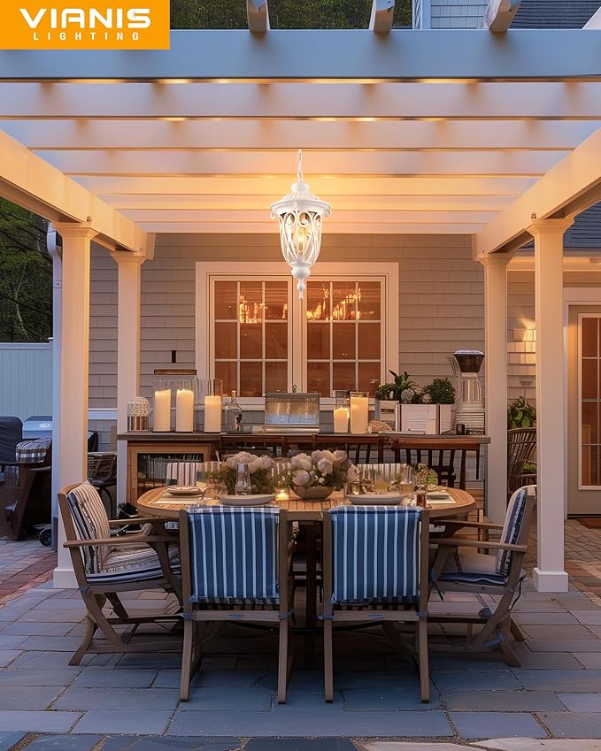 VIANIS Large Outdoor Pendant Light Lantern White Modern Outdoor Chandelier Handcrafted Hanging Outdoor Lights with Seed Glass Outdoor Ceiling Lights for Porch House Doorway Garden Entryway