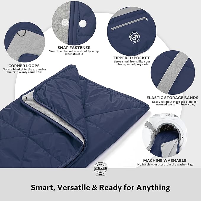 STOVER Large Waterproof Outdoor Stadium Blanket- Extra Thick Soft Fleece Camping Blanket for Travel Picnics Sports Dogs 79x55 Warm Windproof Sand-Proof Lightweight Packable (Alpine Blue)