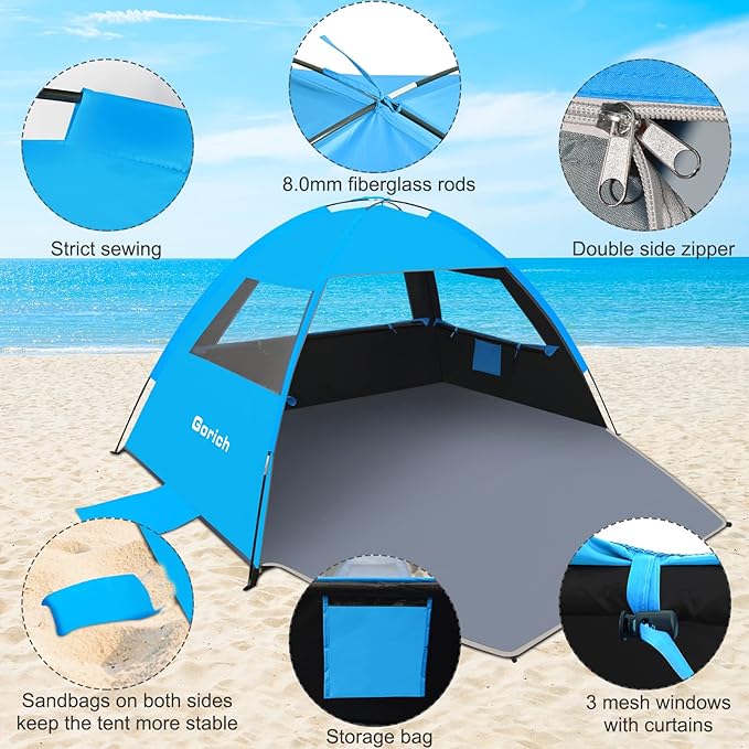 Gorich Beach Tent Sun Shelter for 3/4/6/8/10 Person with UPF 50＋ UV Protection Lightweight &amp Easy Setup Beach Shade Canopy Portable Beach Shade Tent Beach Cabana