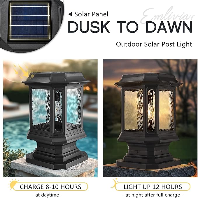 Emliviar Exterior 23.5 Inch Solar Post Light Outdoor Aluminum Post Lamp with Pier Mount Base Integral Black LED Pillar Lantern with Water Ripple Glass XE310P SL BK-SW