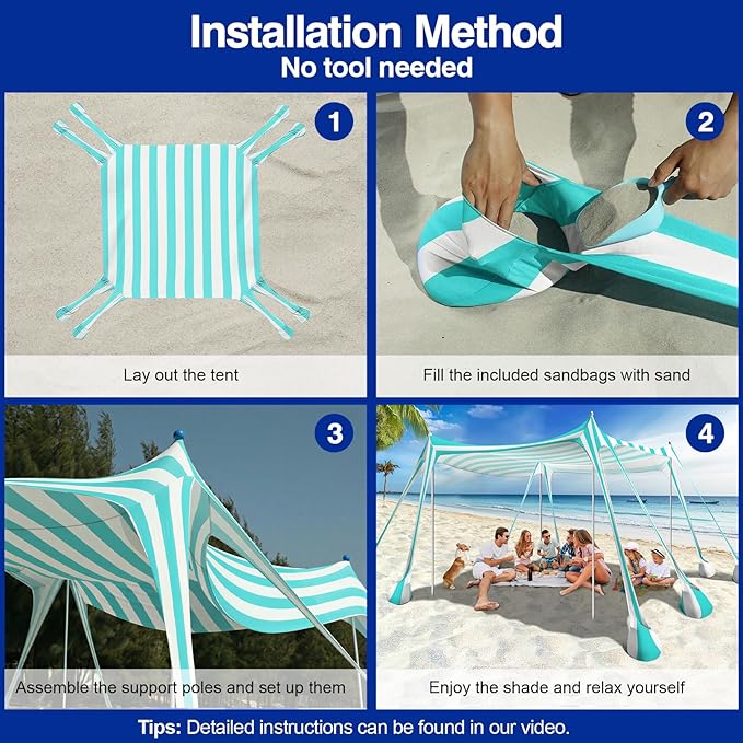 Rhino Valley Beach Tent Shade Canopy UPF50+ Protection 8 Sandbags 4 Stability Poles Outdoor Sun Shelter Umbrella for Sand Camping Fishing Essentials