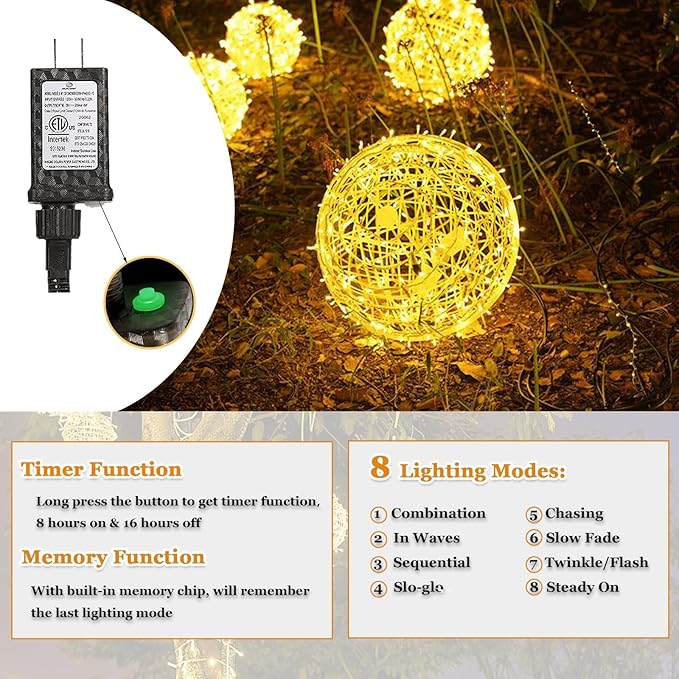Outdoor Christmas Balls Lights Tree Lights Waterproof 4 Pack 7.87 LED Hanging Globe Sphere Lights with 8 Lighting Modes Memory Timer Plug for Party Wedding Xmas Porch Patio Garden Yard Decorations