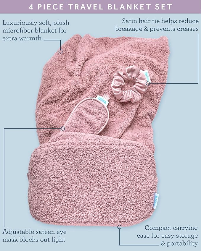 Bliss Womens Travel Blanket Set - 4 Piece Plush Microfiber Packable Travel Blanket with Relaxing Sleep Mask Carry On Case and Satin Hair Tie Pink Gaze