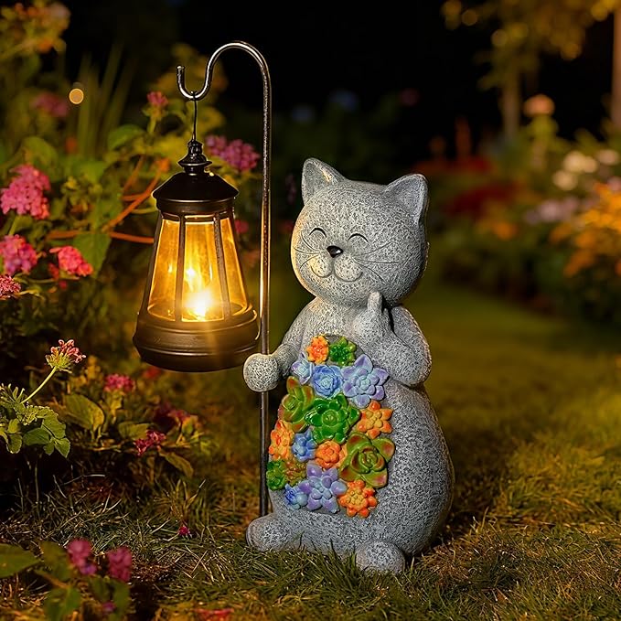 Solar Cat Garden Statue with Succulent Decor Hanging Lantern – Waterproof Resin Outdoor Figurine for Yard Patio Balcony – Gift for Cat Lovers Gardeners