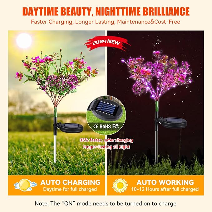 Neporal Solar Garden Lights 4PK Purple Phalaenopsis Solar Flowers Outdoor Waterproof Solar Lights Outdoor Decorative for Garden Yard Decor