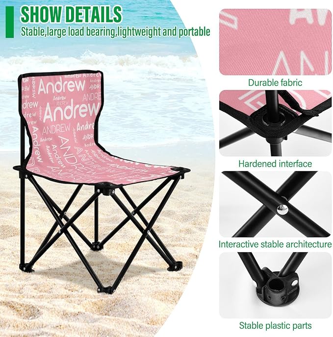 Sinestour Pink Custom Folding Camping Chair for Teen Child Personalized Name 14.6×14.6in Portable Outdoor Chair with Carry Bag for Travel Picnic Barbeques
