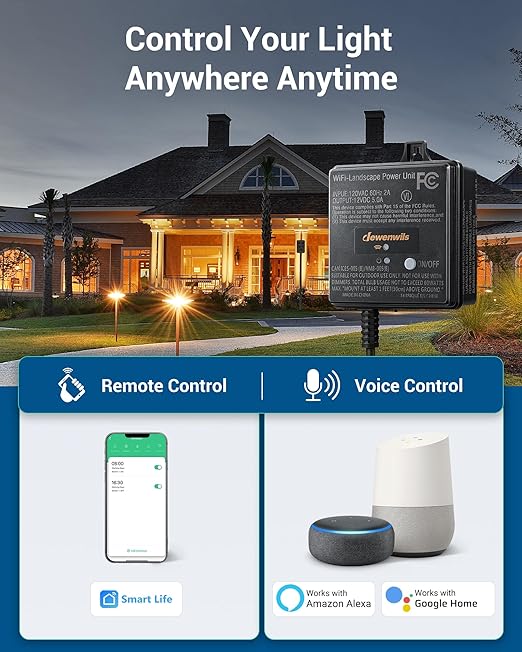 DEWENWILS 60W WiFi Low Voltage Transformer 120V AC to 12V DC Smart Outdoor Low Voltage Landscape Transformer with Timer Work with Alexa &amp Google Home Weatherproof for Landscape Lights ETL Lis