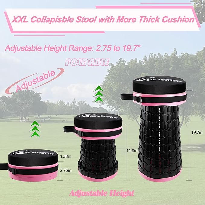 ALEVMOOM Upgraded XXL Collapsilbe Stool with CushionMore Sturdy and Height 19.7“D11.8”Portable and Lightweight Adjustable Telescoping Stool for Camping Hiking BBQ Max Loading 1000Ibs