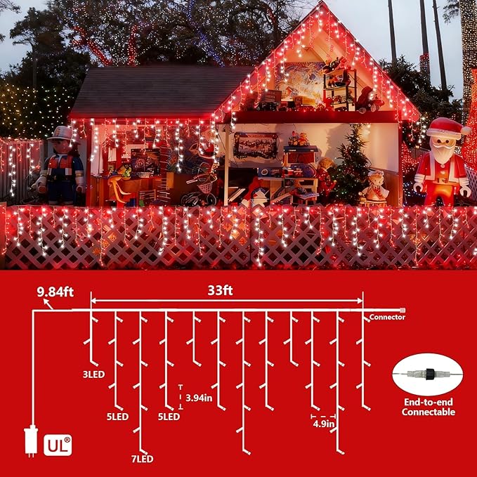 YEGUO 33ft 400 LED Red and White Icicle Lights Outdoor Waterproof 80 Drops Icicle String Lights Connectable 8 Modes Icicle Christmas Lights with Memory