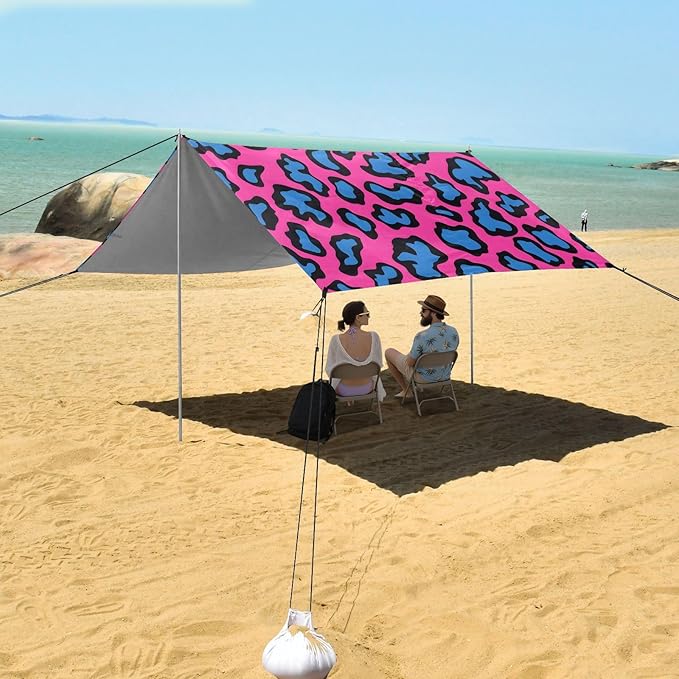 ALAZA Pink &amp Blue Leopard Print Cheetah Beach Tent Sun Shelter UPF50+ Protection Beach Shade Canopy w/ 4 Sandbags for Outdoor Camping Fishing Backyard Fun Picnic 10x9 ft