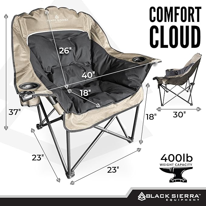 Black Sierra Oversized Camping Chair for Adults – 400 lb Heavy Duty Folding Chair with Cup Holders &amp Carry Bag