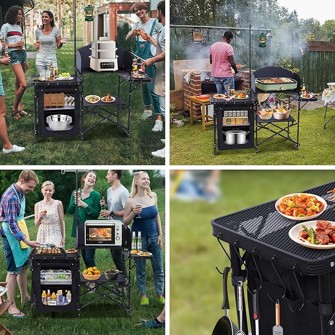 Nice C Camping Kitchen Station Camping Table Picnic Table Portable Grill Table Folding Cook Table Upgrade Light Stand and Windshield Station &amp Organizers Carry Bag for Beach Picnic (Black)