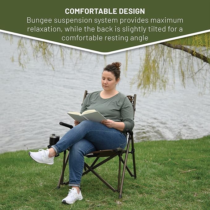 Timber Ridge Bungee Folding Camping Chairs for Adults Heavy Duty Collapsible Padded Chair with Armrests Cup Holder Foldable Outdoor Lounge Chairs for Fishing Lawn Supports 300 lbs Earth Brown