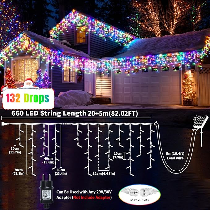 Solar Christmas Lights Outdoor 66+16Ft 660LED Multicolor &amp Cool White Dual Color Changing Icicle Lights 2400mAH Connectable Rechargeable Dimmable Remote 8 Modes for Xmas House Roof Holiday Party