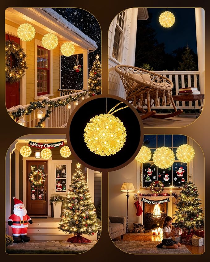 Brightown Outdoor Christmas Decorations-Starlight Sphere Replaceable Bulbs with Add-On Plug Lighted Sphere Balls for Trees Party Wedding Patio Indoor Decorations 6in-2pc 100 LED(Warm White)