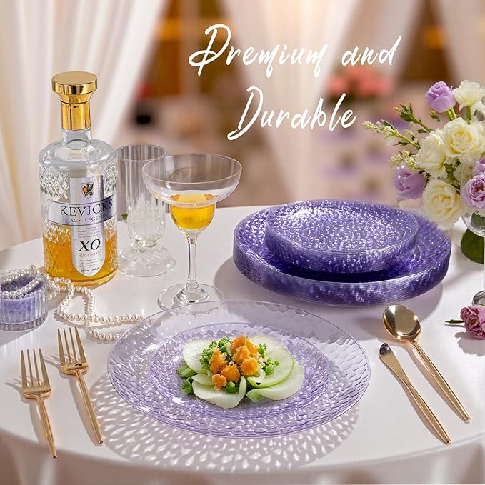 Rubtlamp 60PCS Purple Plastic Plates Purple Disposable Party Plates Heavy Duty Plastic With Hammered Fancy Disposable Platos Include 30 Dinner Plate 30 Cake Plate For Parties Wedding
