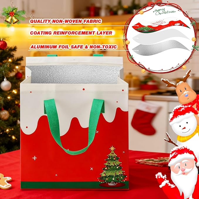 Kacctyen 50 Pcs Christmas Insulated Bags for Food Delivery Holiday Thermal Gift Bags for Cookie Bakery Cold and Hot Food Xmas Take Away Tote Bulk for Christmas Party Catering Restaurant
