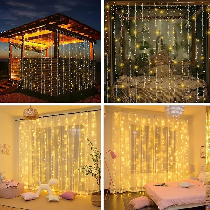 300LED Solar Curtain Lights Outdoor Indoor 8 Modes Solar Fairy Curtain String Lights Waterproof Twinkle Lights for Home Garden Patio Gazebo(Warm White)