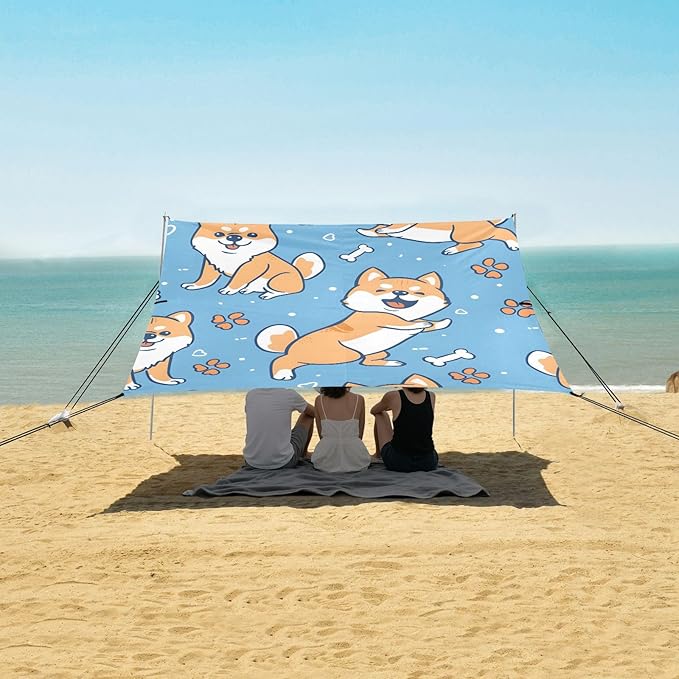 Cute Shiba Inu Paws Bones Camping Sun Shelter Beach Tent Portable Beach Sun Shade Outdoor Canopy for Camping Trips Fishing Picnic