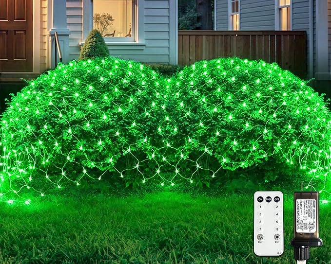 JMEXSUSS Green Christmas Net Lights 360 LED 12ft x 5ft Bush Lights Outdoor Plug in 8 Modes with Remote Connectable for Christmas Patrick Day Decorations Clear Wire