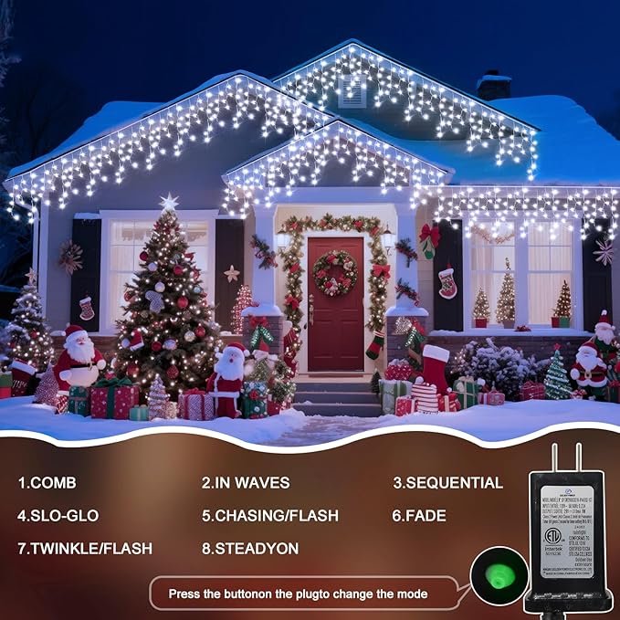 98 Ft Ice Lights for Outside 960 LED Christmas Lights Outdoor Plug in Christmas String Lights with 8 Modes &amp Timer for Holiday Party Wedding House Patio Outdoor Decor(Cool White)