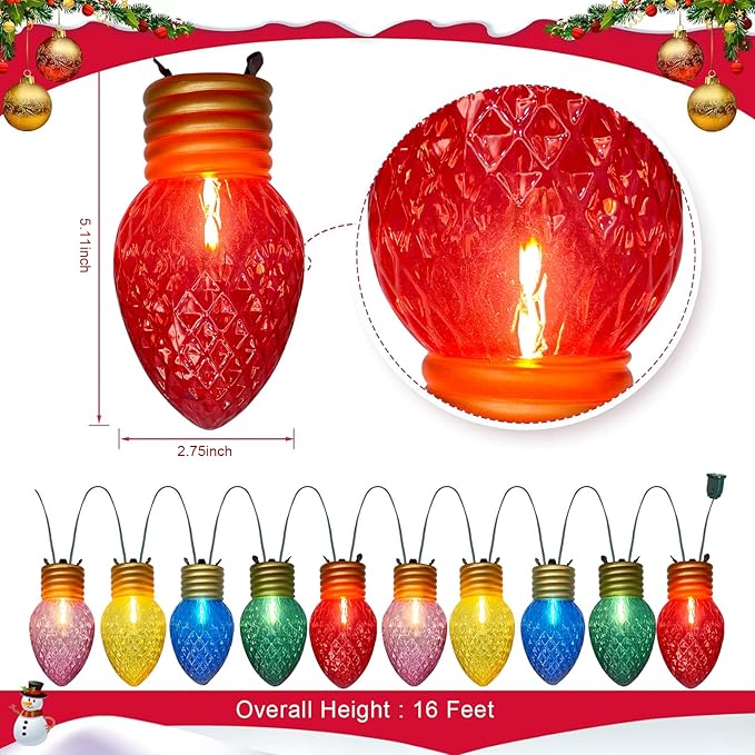 Giant Outdoor Christmas Lights 16Ft Jumbo Christmas String Lights with 10 Large Strawberry Multicolored Bulbs Connectable Outdoor Xmas Decorations Lights for Roof Patio Porch Garden Holiday Decor