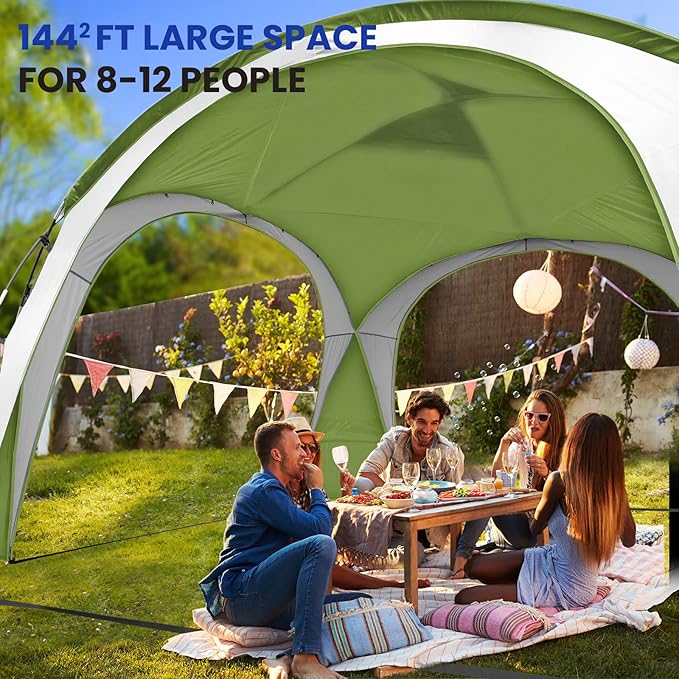 Beach Tent 12 X 12ft Large UPF50+ Pop Up Canopy with 2-Pcs Side Wall Sun Shelter Rainproof Waterproof for Camping Trips Backyard Fun Fishing Parties Or Picnics(Green)
