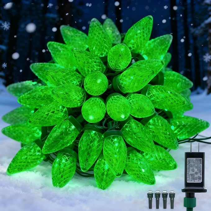 C9 LED Christmas Lights Outdoor33 Feet 50 LED 8 Lighting Modes Waterproof Connectable Christmas String Lights for Outside Roofline Patio Home Xmas Decorations (Green)