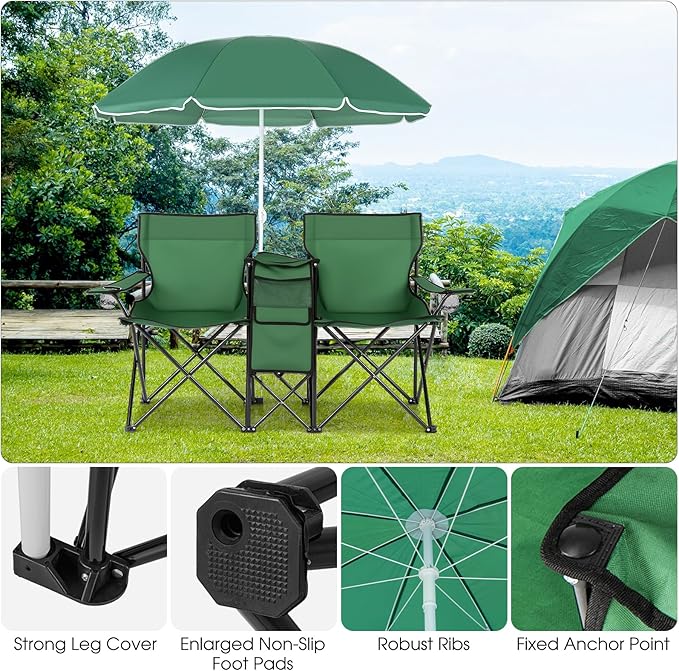 MAT EXPERT Folding Double Camp Chair w/Removable Umbrella Portable Picnic Chair w/Mini Table Chair Set w/Beverage Holder Portable Loveseat Camp Chairs for Beach Backyard Poolside (Green)