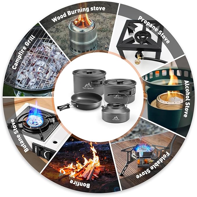 27pcs Camping Cookware Mess Kit for 2-4 People Portable Cookware Set with Kettle Pots &amp Pans Stainless Steel Utensils Plates Dishware for Backpacking Picnic Outdoor Adventures