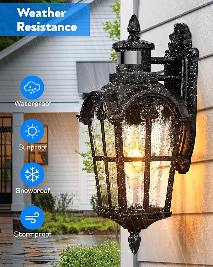 VIANIS Porch Lights Outdoor Motion Sensor Black Dusk to Dawn Outdoor Garage Lighting Fixtures Aluminum Waterproof Outside Sconce Lights with Ripple Glass Coach Light Wall Mount for House Doorway