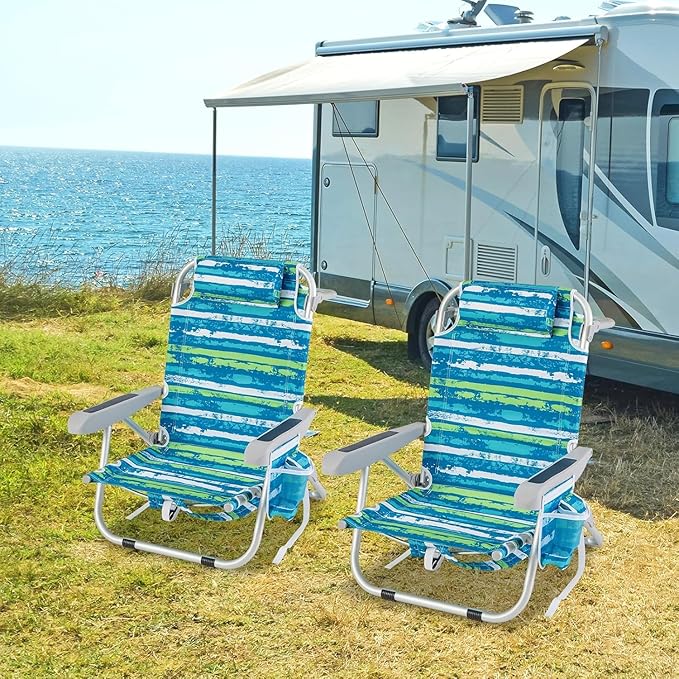 COSTWAY Backpack Beach Chair Foldable Camping Chair with 5 Adjustable Position Cup Holder Storage Pockets Straps Towel Rack Pillow for Patio Outdoor (Blue and Green Stripe1)