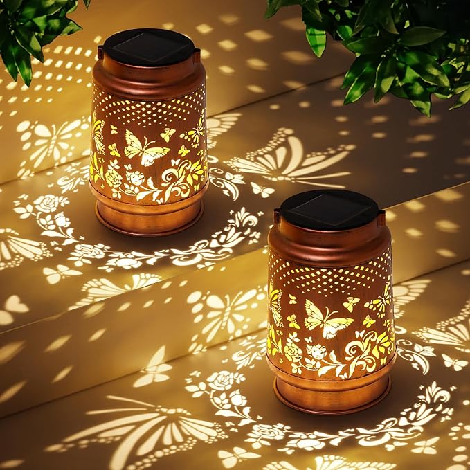 Solar Lanterns Outdoor Waterproof Butterfly Garden Decor Birthday Gifts for Women Mom Grandma Hanging Solar Lights Metal Lantern Decoration Outside for Yard Patio Backyard Porch