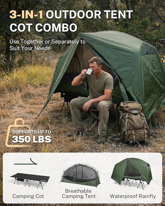 Gonex Camping Tent Cot for Adults 1-Person Off-Ground Folding Portable Easy Set-up Tent Cot Combo for Hiking Backpacking Car &amp Motorcycle Camping(31.5 W X 78.7 L)-Army Green