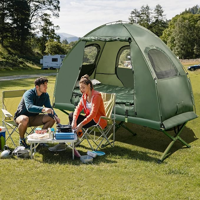 Safstar 5-in-1 Tent Cot Camping Cot Tent with Air Mattress Sleeping Bag Camping Cot Awning &amp Air Pillow Carrying Bag Off The Ground Tent Elevated Tent Cot for Camping Hiking Picnic Travel
