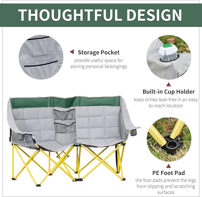 Loveseat Style Camping Chair Oversized Folding Lawn Chair with Carry Bag &amp Cup Holders for Outdoor Beach Picnic Hiking Travel Green &amp Gray