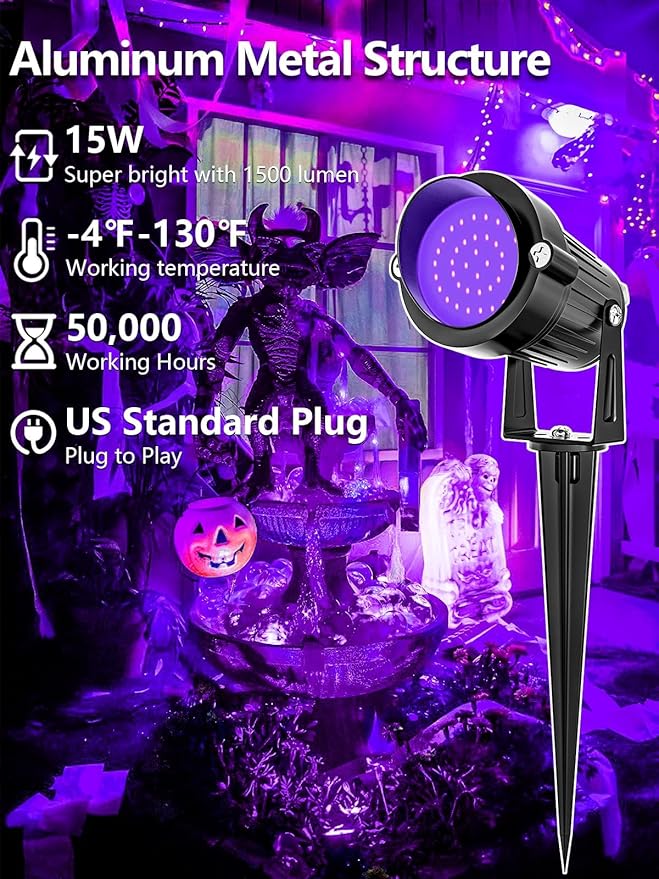 ZUCKEO Blacklight Spotlight Outdoor 15W Halloween Black Light Spot Light with US Plug IP66 Landscape Black Lights Fixtures for Glow Party Fluorescent Yard Garden House Decorating(6Pack)