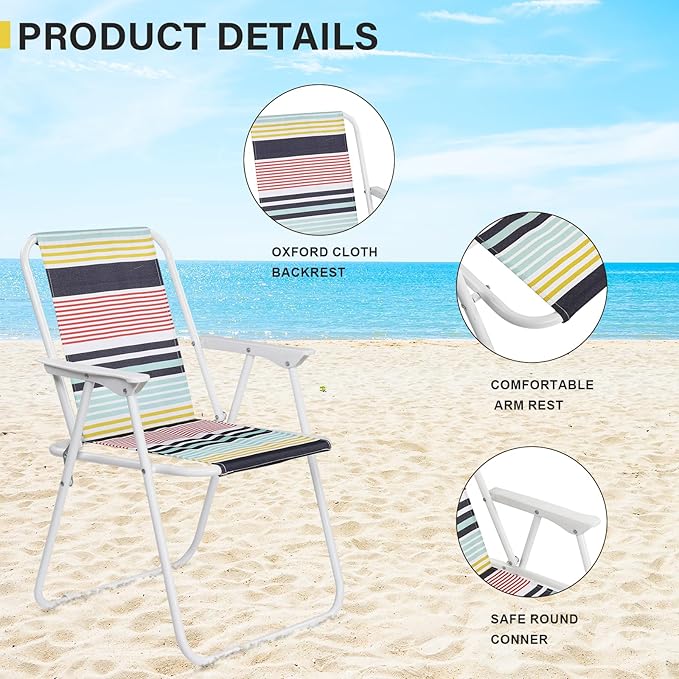 Generic 2 Pcs Folding Beach &amp Camping Chairs Multicolor Striped Webbed High Back Steel Frame Portable &amp Easy to Fold 220 lbs Capacity