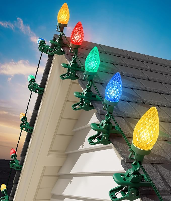 Brightown C9 LED Christmas Lights Outdoor 99 Feet 150 LED C9 String Lights with 150 Spring Clips Waterproof Connectable Christmas Tree Lights for Outside Roofline Patio Home Xmas Decor Multicolor