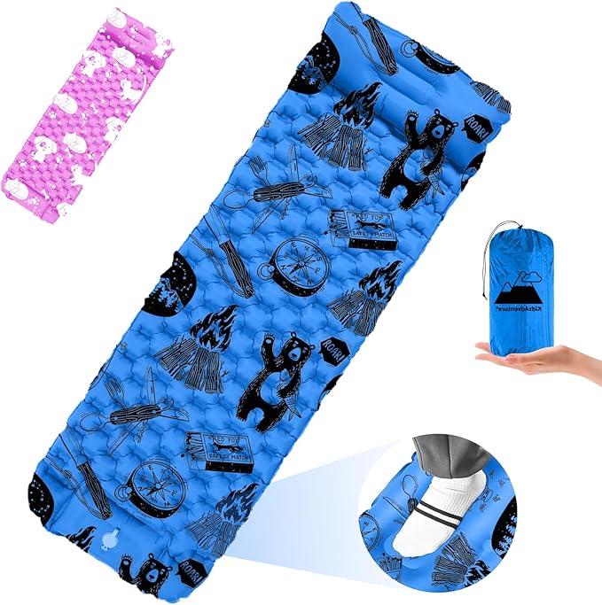 Inflatable Sleeping pad for Kids Toddler and Youth | Air Mattress w Built-in Pump 5’5” Ultralight Sleeping Mat with Pillow for Camping Sleepovers &amp Travel | Airpad Kids Cot Camping Mattress -